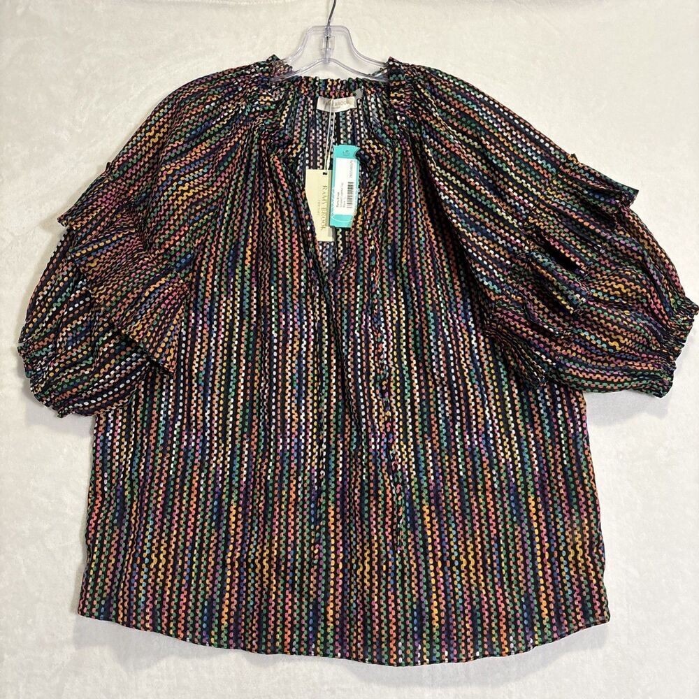 Ramy Brook Eugenia Ruffle Puff Sleeve Top Blouse Large Dot Stripe Split Neck NWT